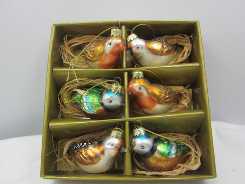 Box of Six Glass Christmas Birds