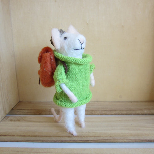 Felt mouse with Green jumper and Backpack